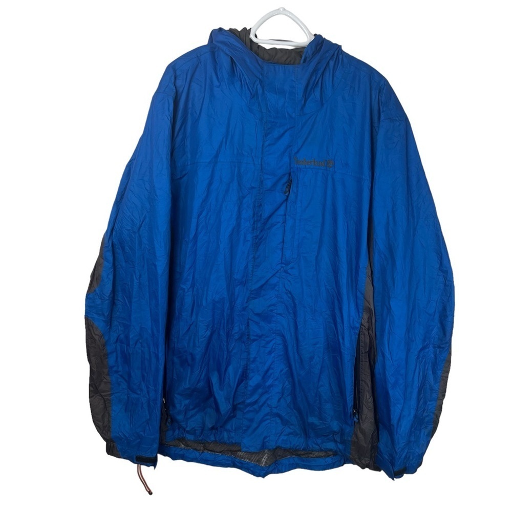 Timberland Mens Blue Utility Coat Size 2XL Hood Long Logo Full Zip